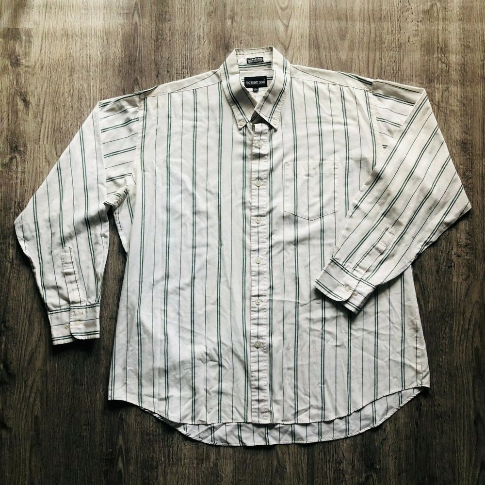 Vintage Botany 500 White Green Stripe Long Sleeve Buttondown Shirt Size 17 34/35